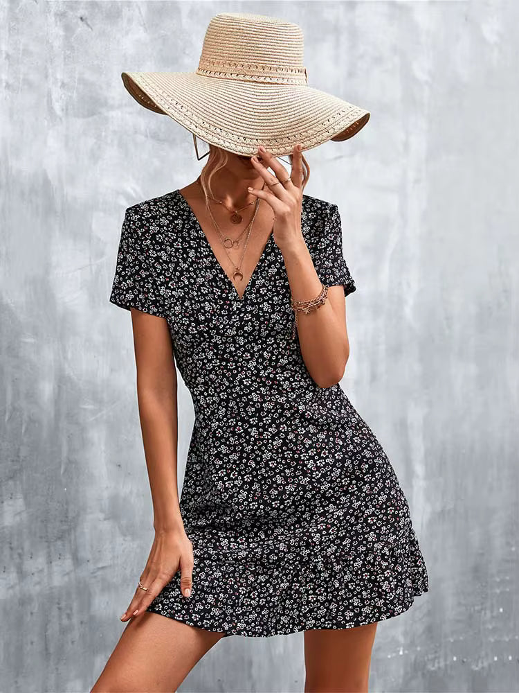 Robe Courte Bohème Décontractée à Col V