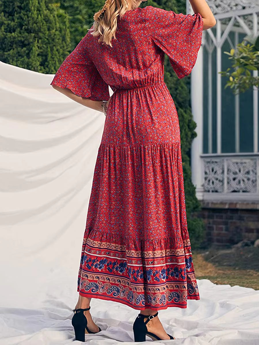 Robe Bohème Longue à Imprimé Ethnique et Manches Kimono