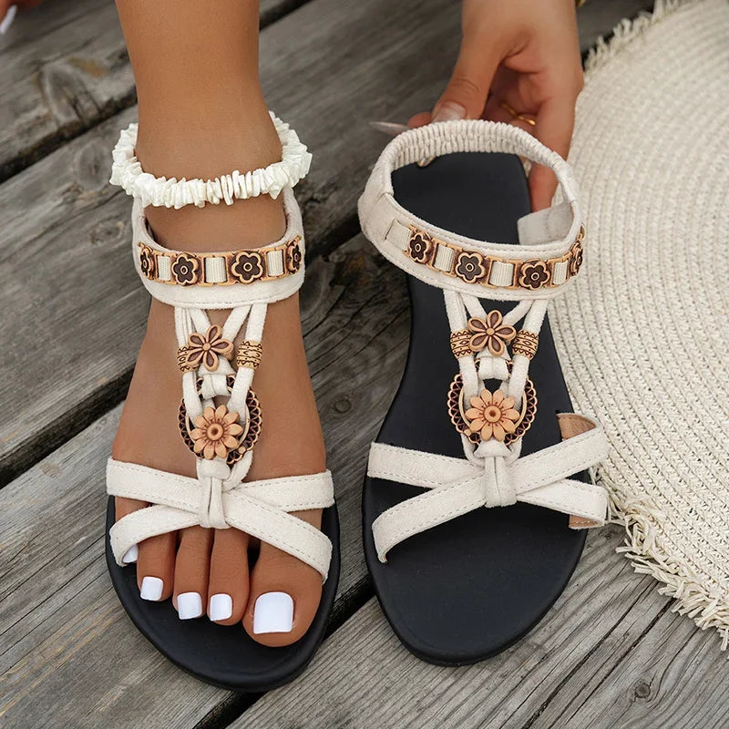 Sandales Bohèmes Plates à Brides avec Perles en Bois