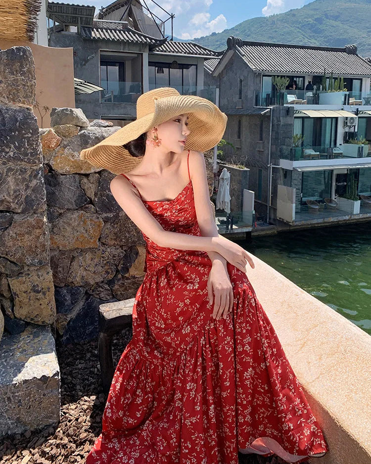 Robe Bohème Longue Rouge Fleurie à Dos Nu