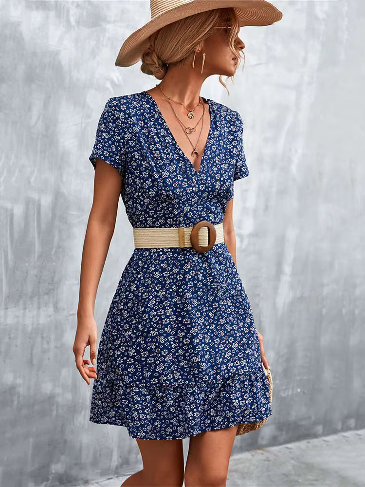 Robe Courte Bohème Décontractée à Col V