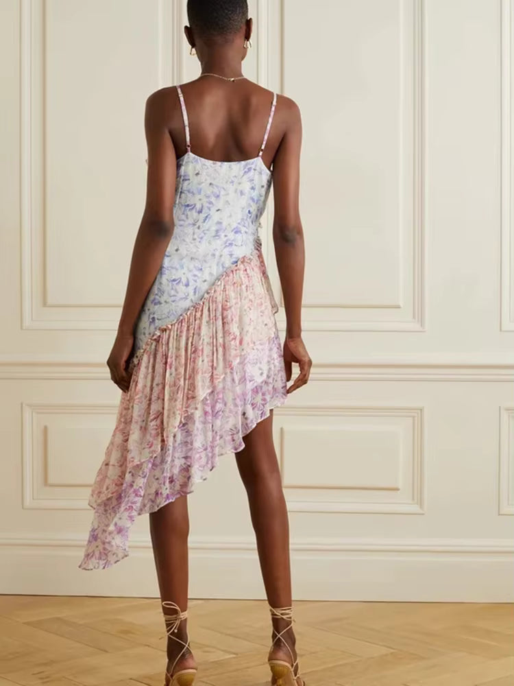 Robe Bohème Asymétrique à Volants et Imprimé Floral