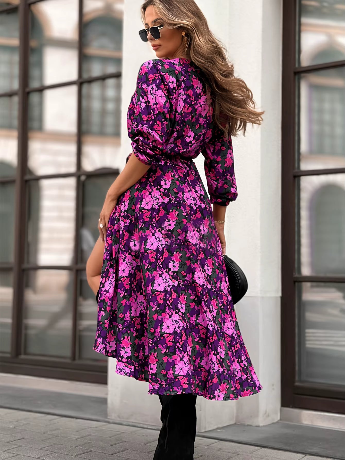 Robe Longue Fleurie Violet Fuchsia à Taille Nouée