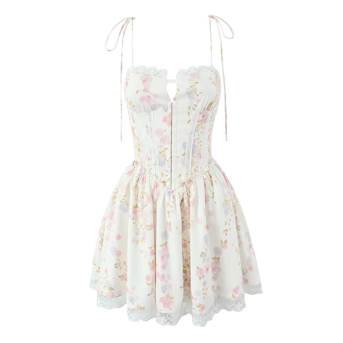 Robe Courte Fleurie Ivoire à Corset