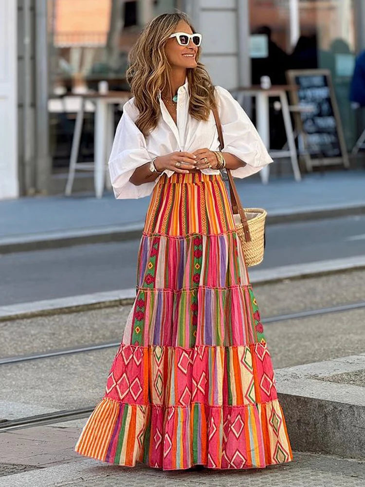 Jupe Longue Bohème Chic à Imprimés Multicolores