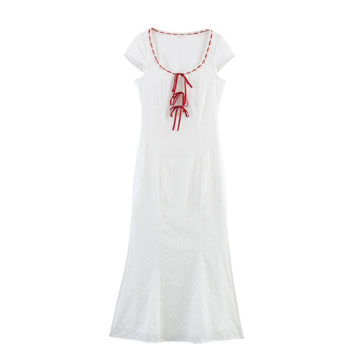 Robe Bohème Blanche Mi-Longue à Nœuds Rouges