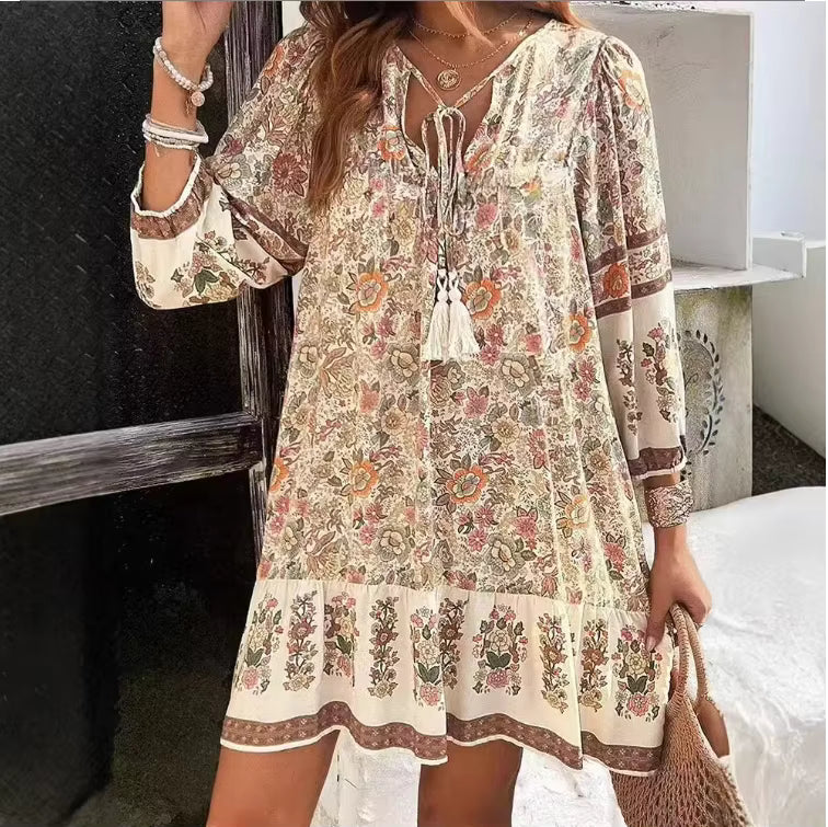 Robe Hippie Bohème Courte à Pompons Fleurie
