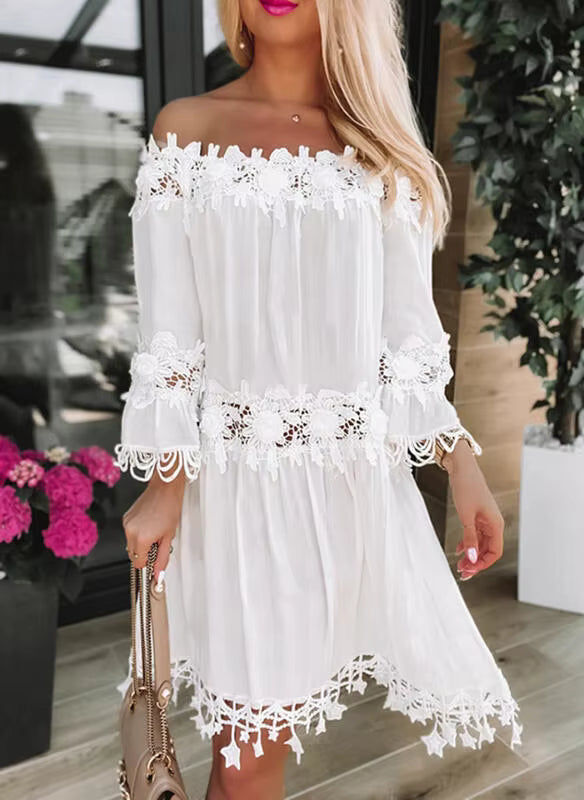 Robe Courte Bohème Épaules Dénudées à Broderies