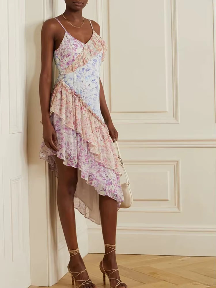 Robe Bohème Asymétrique à Volants et Imprimé Floral