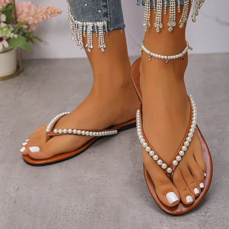 Sandales Bohèmes Plates à Perles Femme