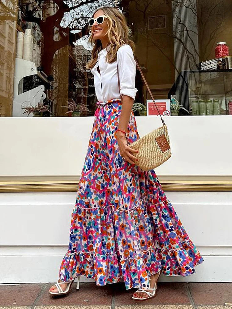 Jupe Longue Bohème Chic à Imprimés Multicolores