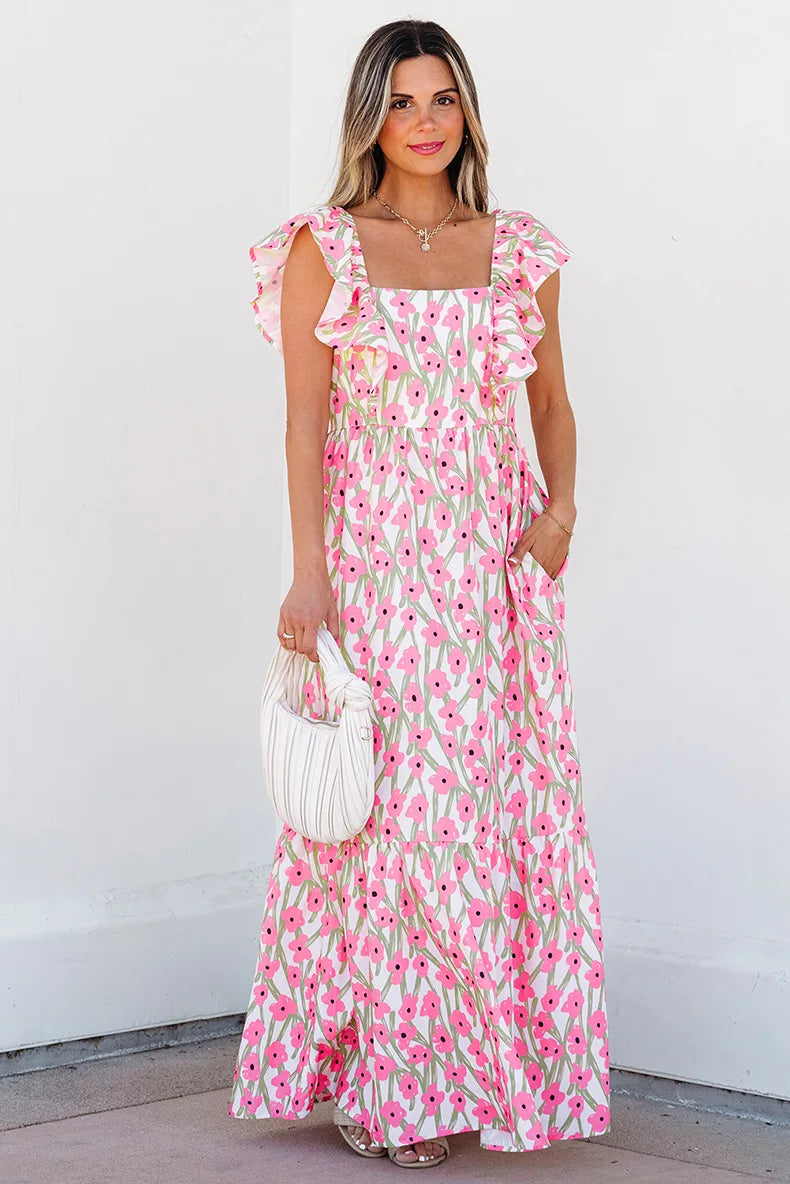 Robe Longue Bohème Chic Fleurie à Volants