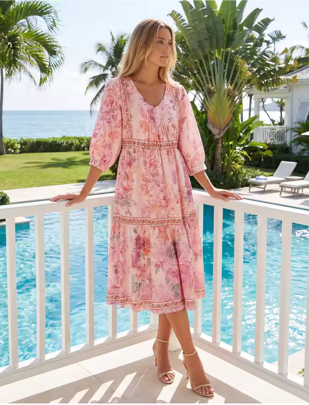 Robe Bohème Chic Midi Fleurie à Manches Longues