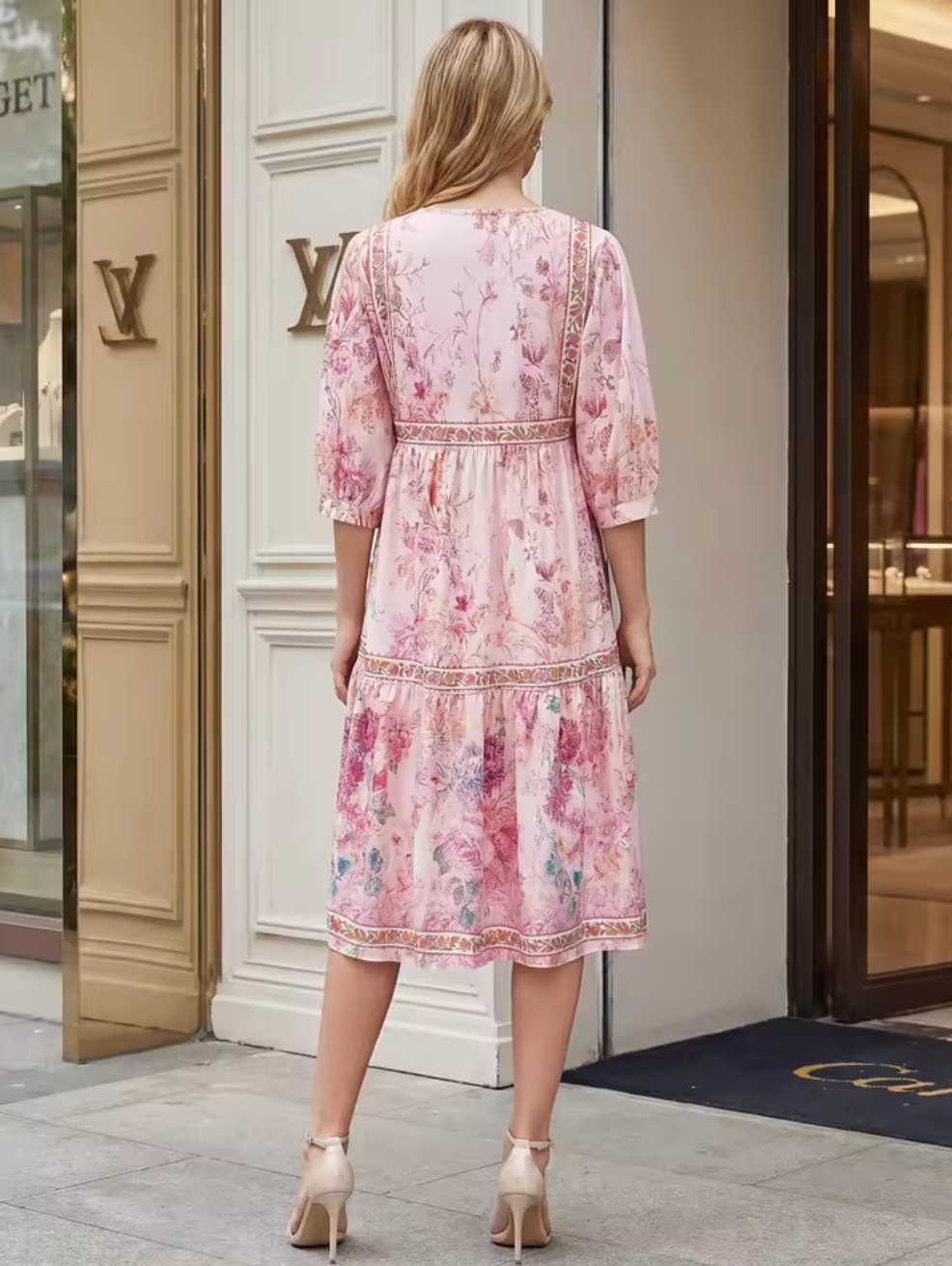 Robe Bohème Chic Midi Fleurie à Manches Longues