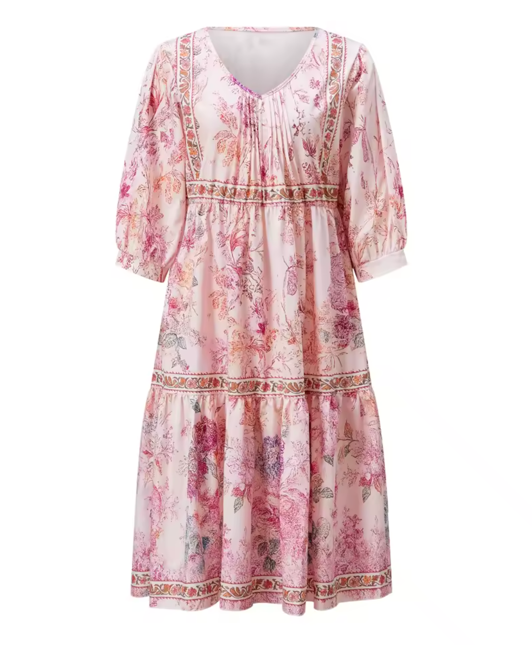 Robe Bohème Chic Midi Fleurie à Manches Longues