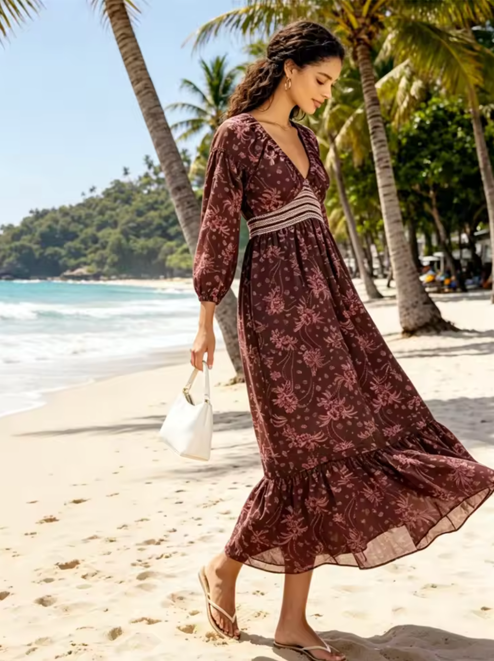 Robe Bohème Longue Fleurie à Décolleté Plongeant