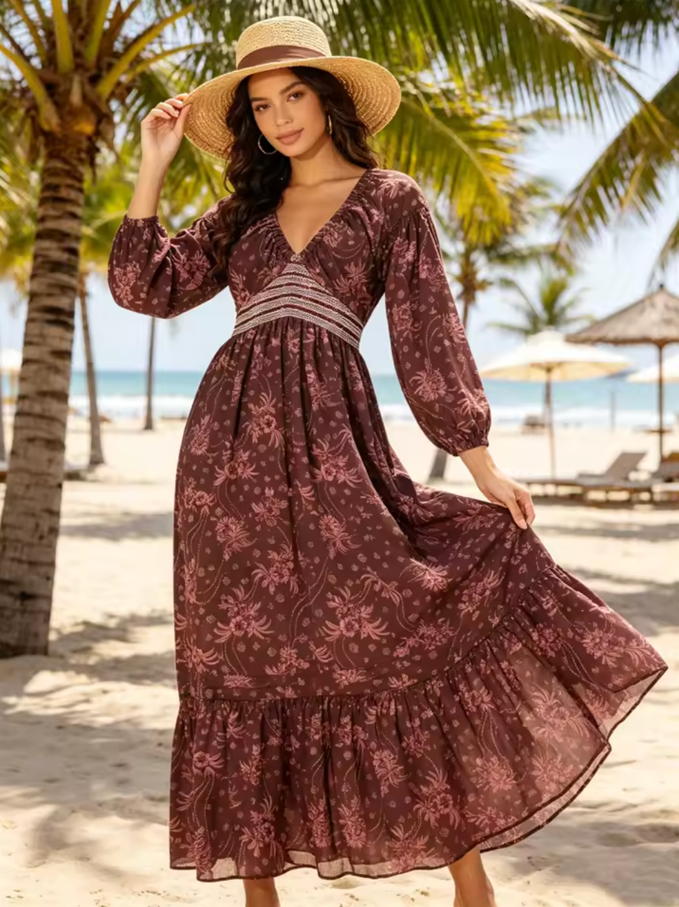 Robe Bohème Longue Fleurie à Décolleté Plongeant
