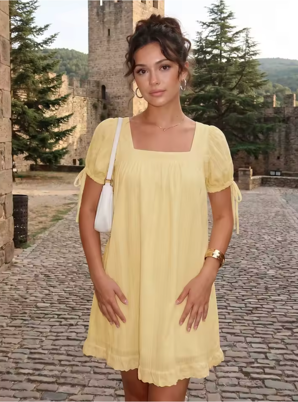 Robe Courte Bohème à Col Carré et Manches Nouées
