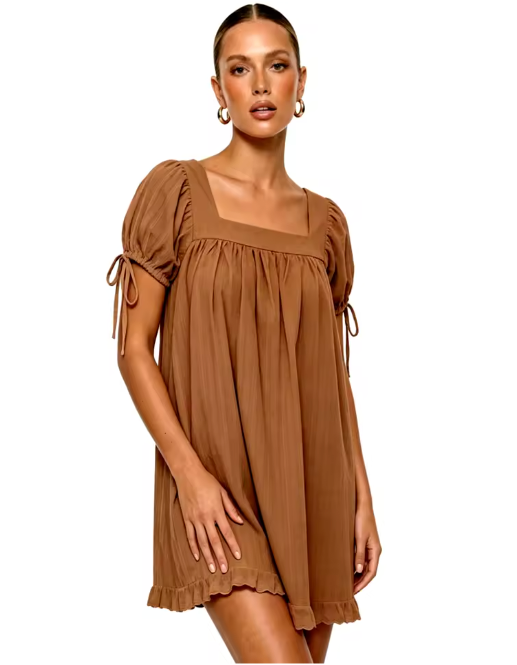 Robe Courte Bohème à Col Carré et Manches Nouées