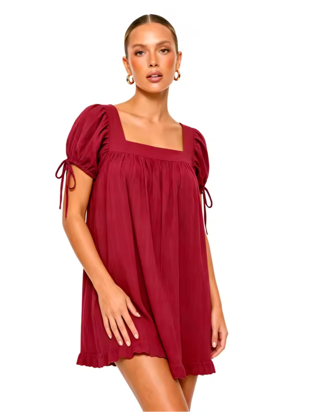 Robe Courte Bohème à Col Carré et Manches Nouées