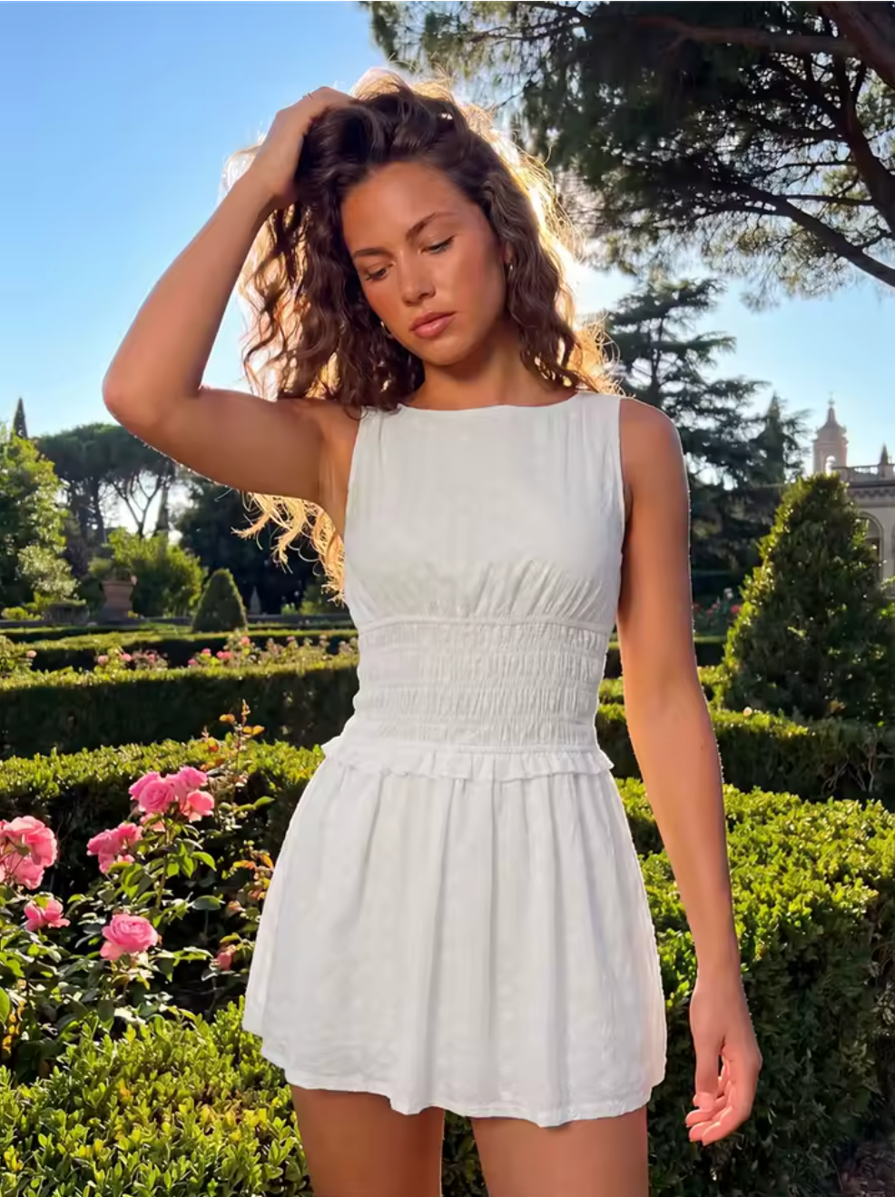 Robe Bohème Courte Rayée à Taille Smockée