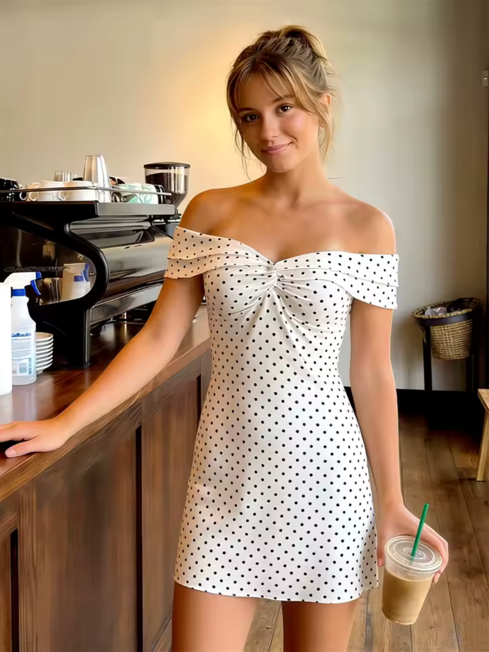 Robe Courte Bohème à Pois et Épaules Dénudées