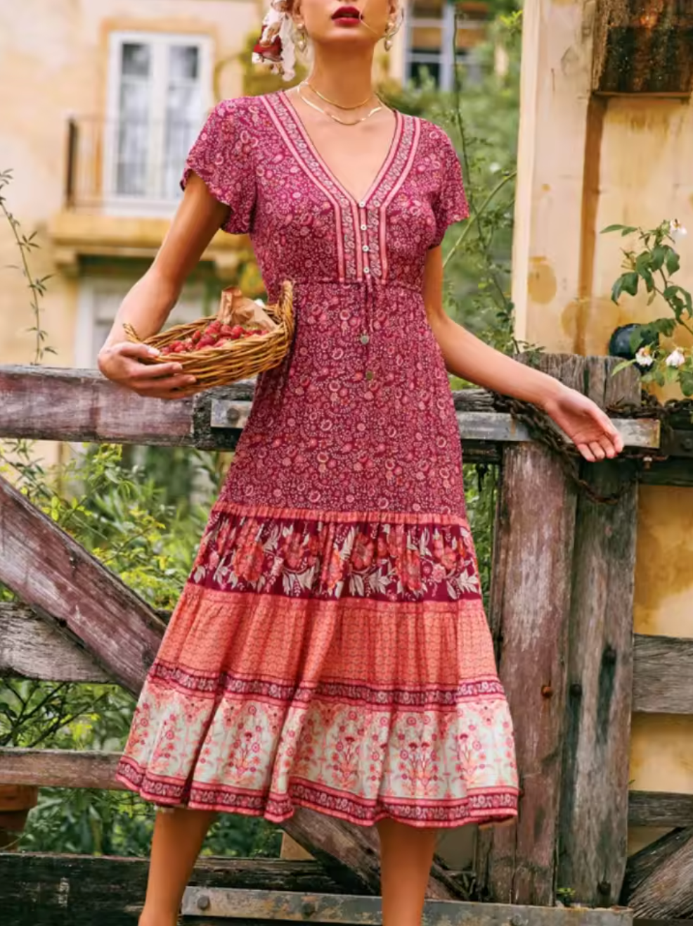 Robe Bohème Longue Fleurie à Décolleté en V