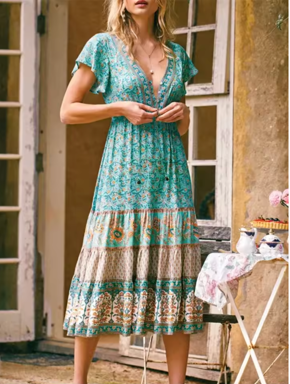 Robe Bohème Longue Fleurie à Décolleté en V