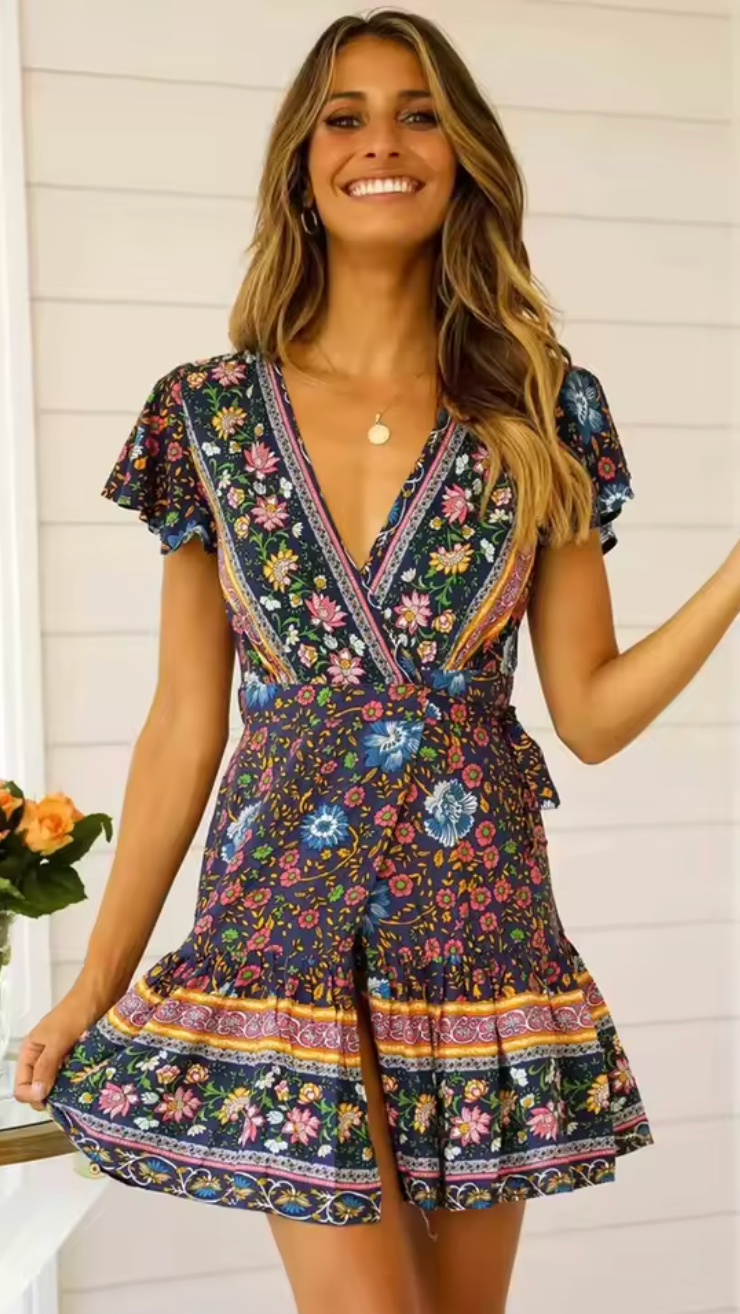 Robe Bohème Courte Fleurie Cache-Cœur à Volants