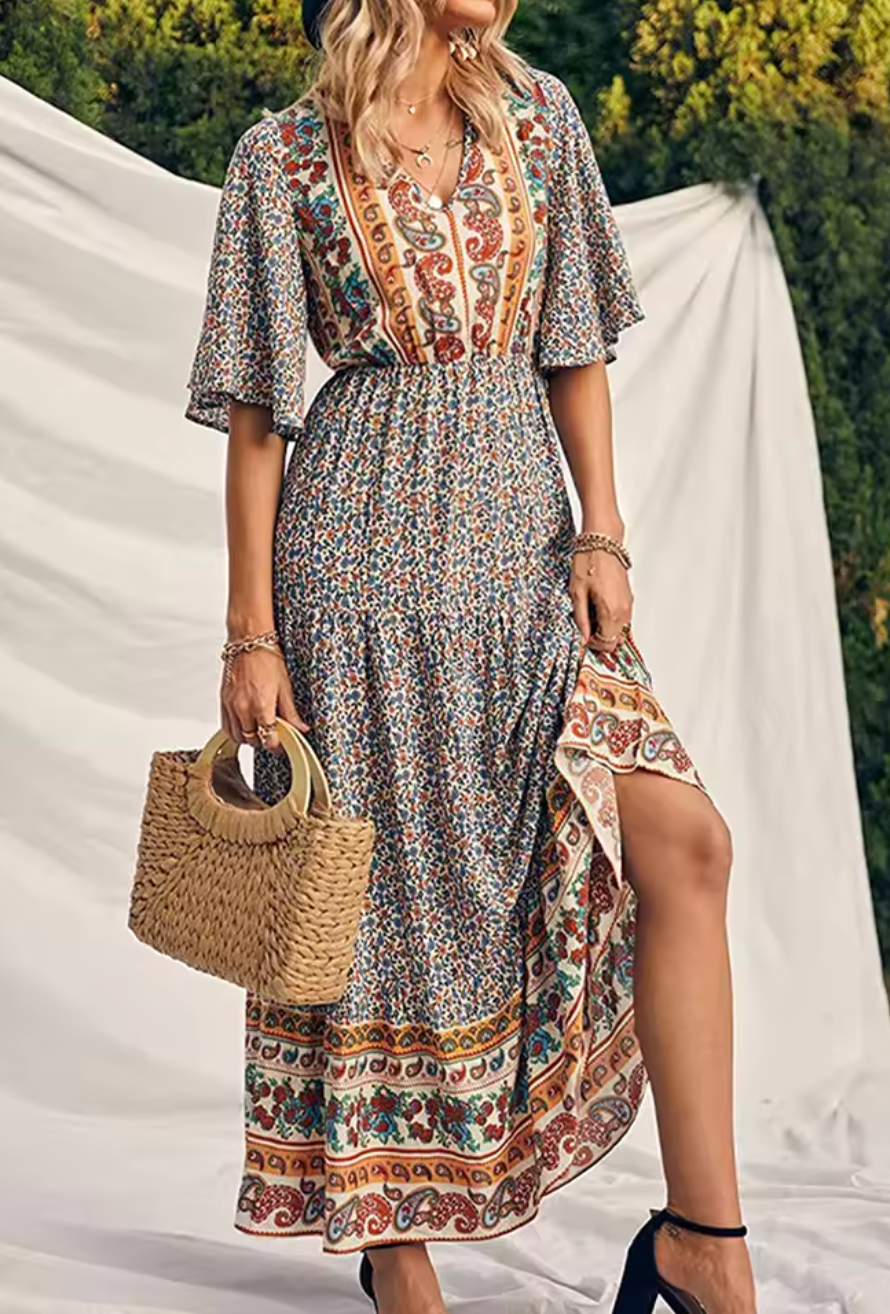 Robe Bohème Longue à Imprimé Ethnique et Manches Kimono