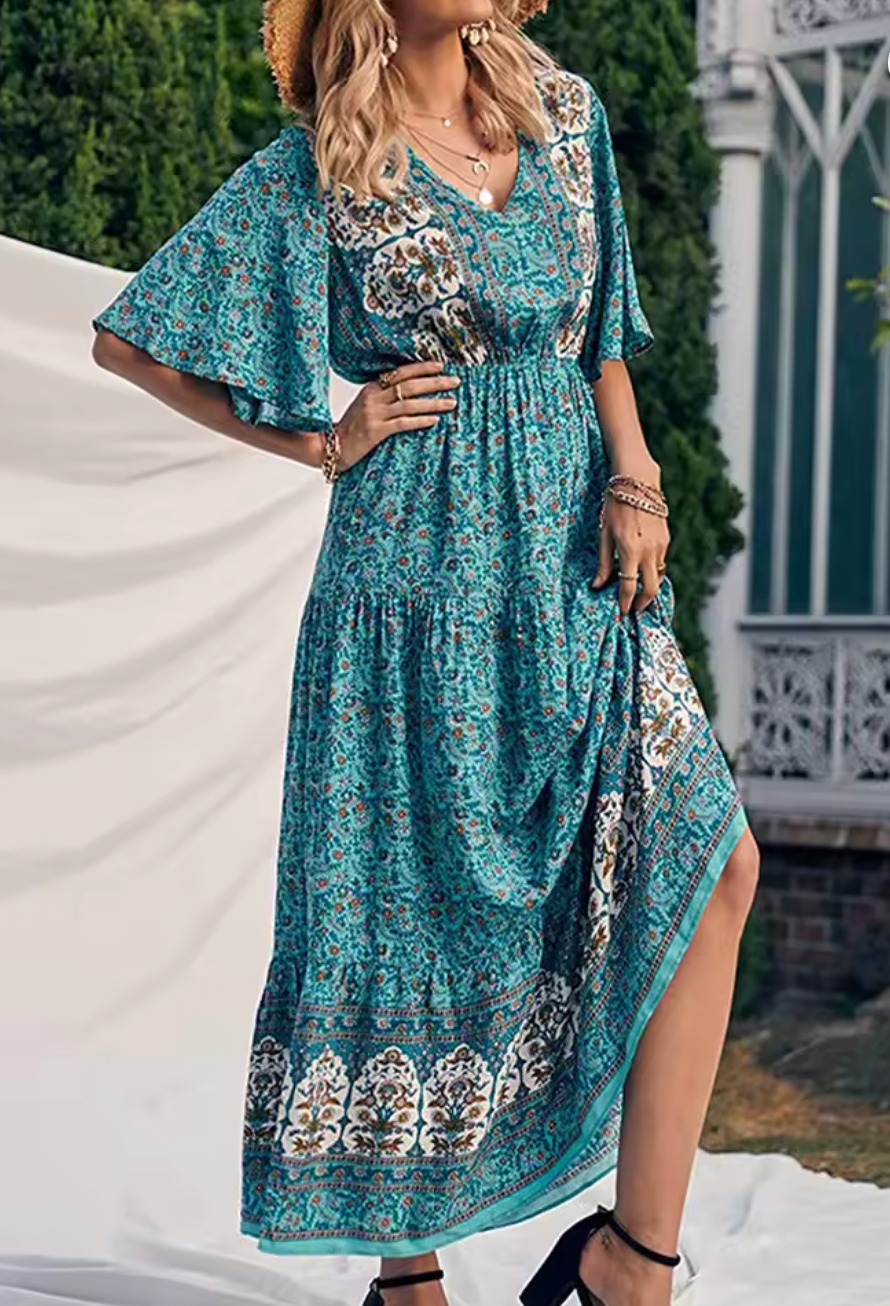 Robe Bohème Longue à Imprimé Ethnique et Manches Kimono