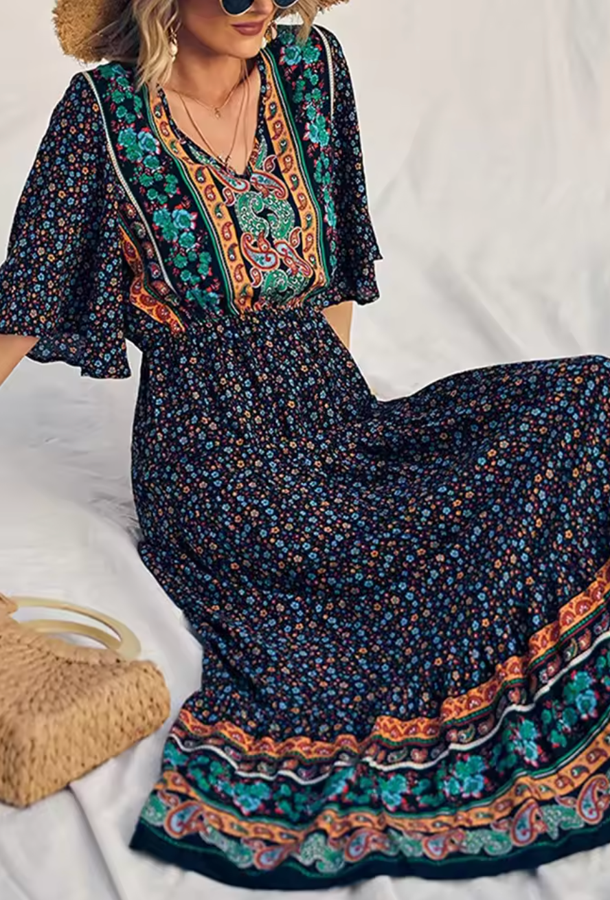 Robe Bohème Longue à Imprimé Ethnique et Manches Kimono