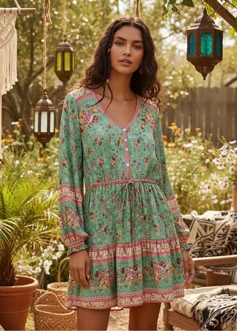 Robe Courte Bohème Fleurie à Motif Ethnique