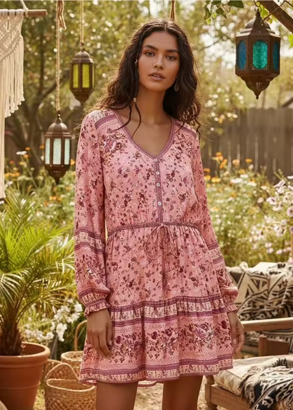 Robe Courte Bohème Fleurie à Motif Ethnique