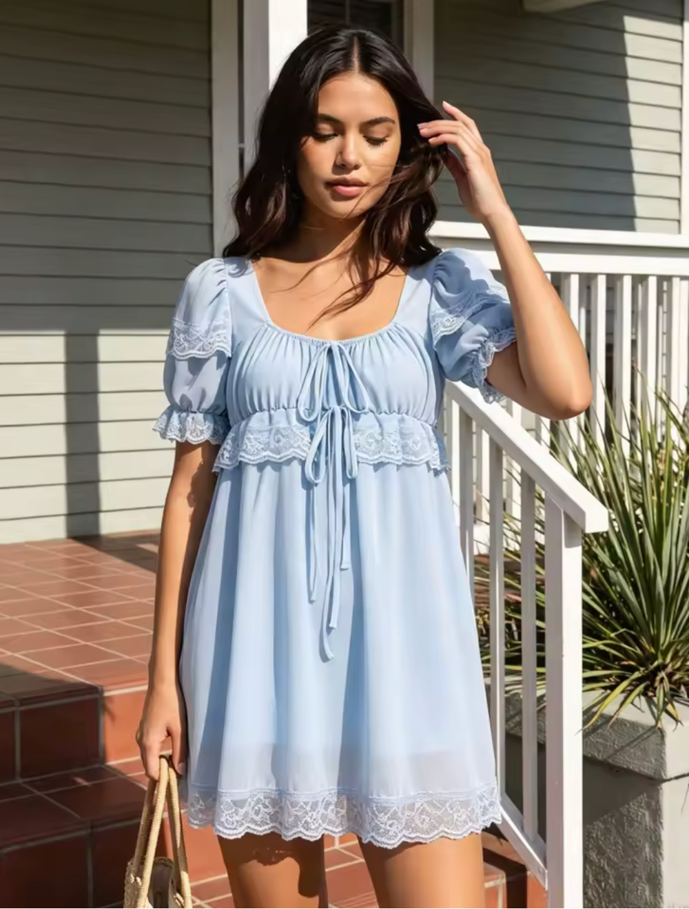 Robe Bohème Courte à Dentelle et Manches Bouffantes