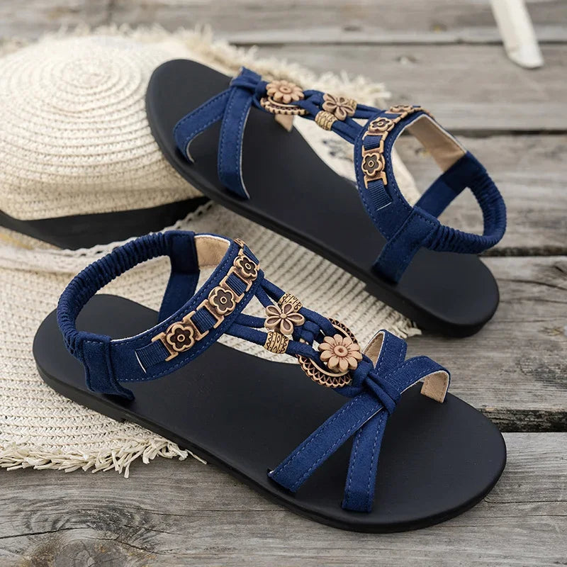 Sandales Bohèmes Plates à Brides avec Perles en Bois