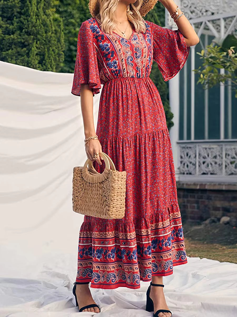 Robe Bohème Longue à Imprimé Ethnique et Manches Kimono