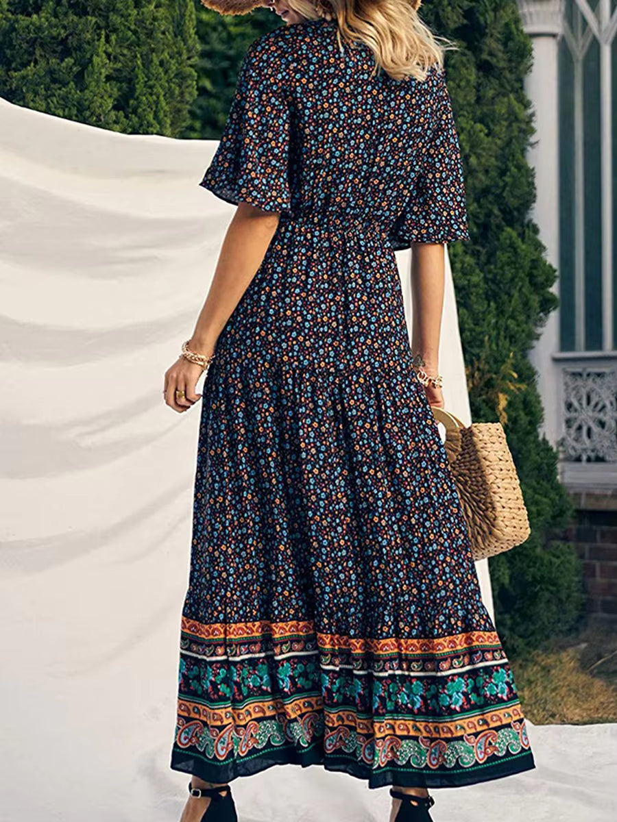 Robe Bohème Longue à Imprimé Ethnique et Manches Kimono