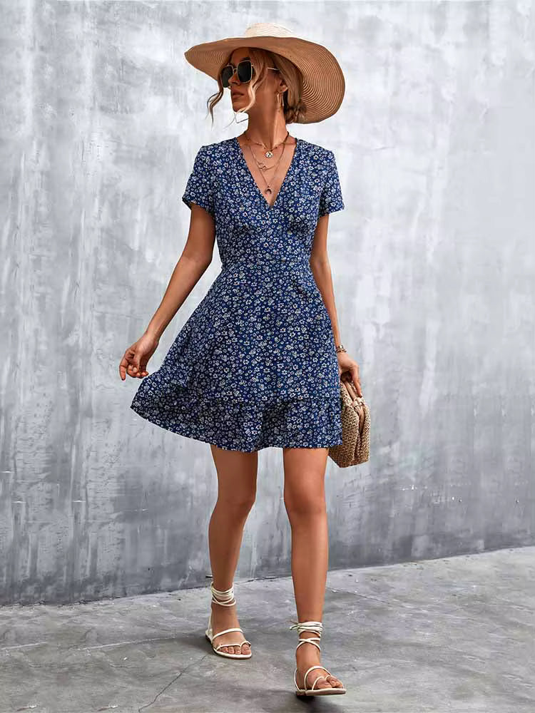 Robe Courte Bohème Décontractée à Col V