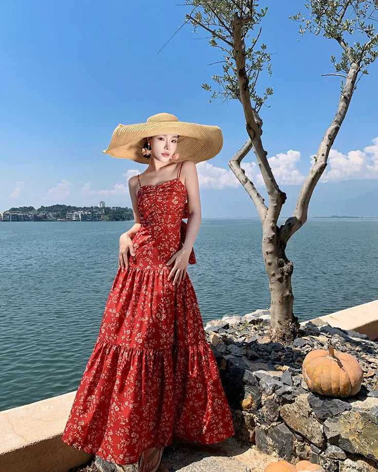 Robe Bohème Longue Rouge Fleurie à Dos Nu