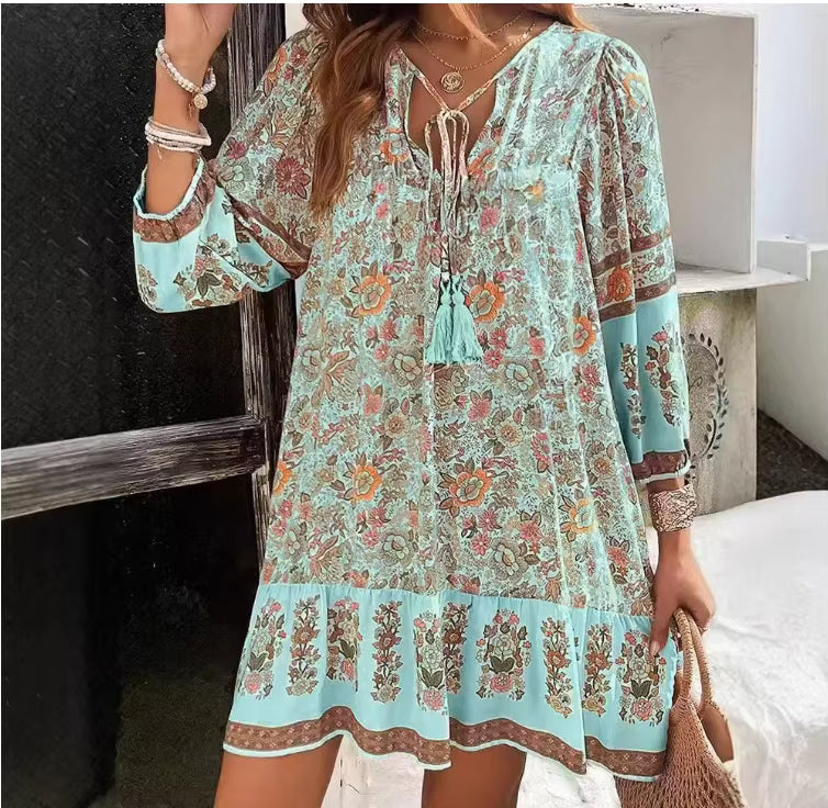 Robe Hippie Bohème Courte à Pompons Fleurie