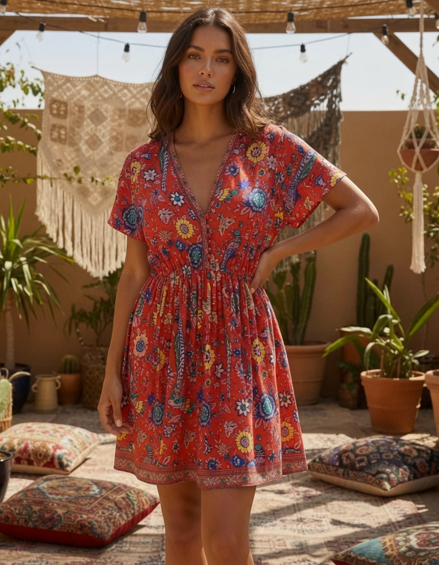 Robe Bohème à Col V et Imprimé Ethnique
