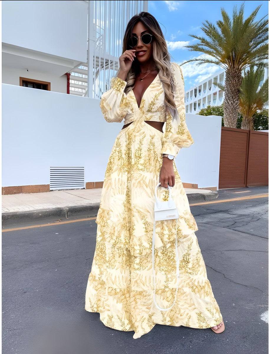 Robe Bohème Longue à Découpes et Imprimé Tropical