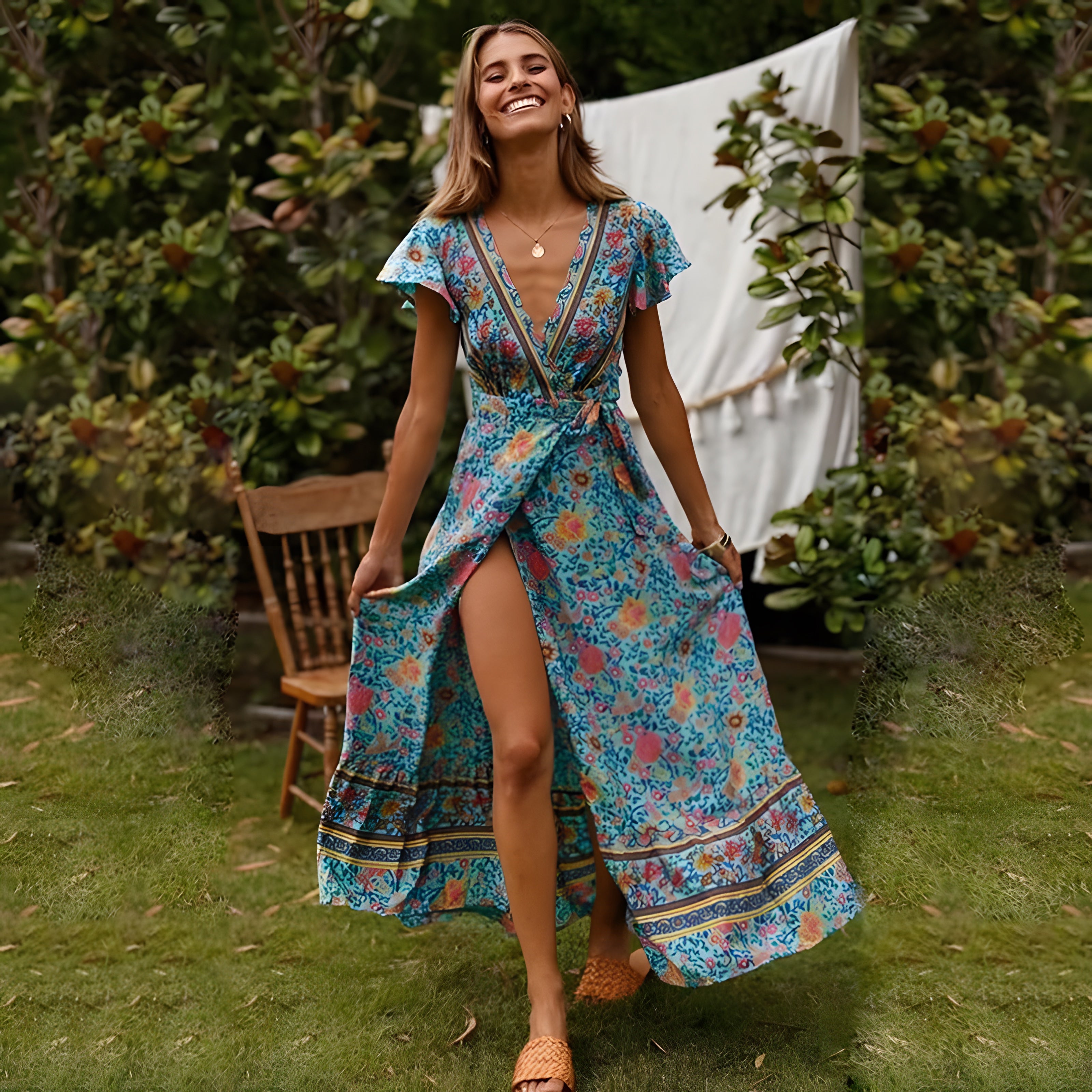 Robe Bohème Longue Fleurie Bleu Turquoise à Fente