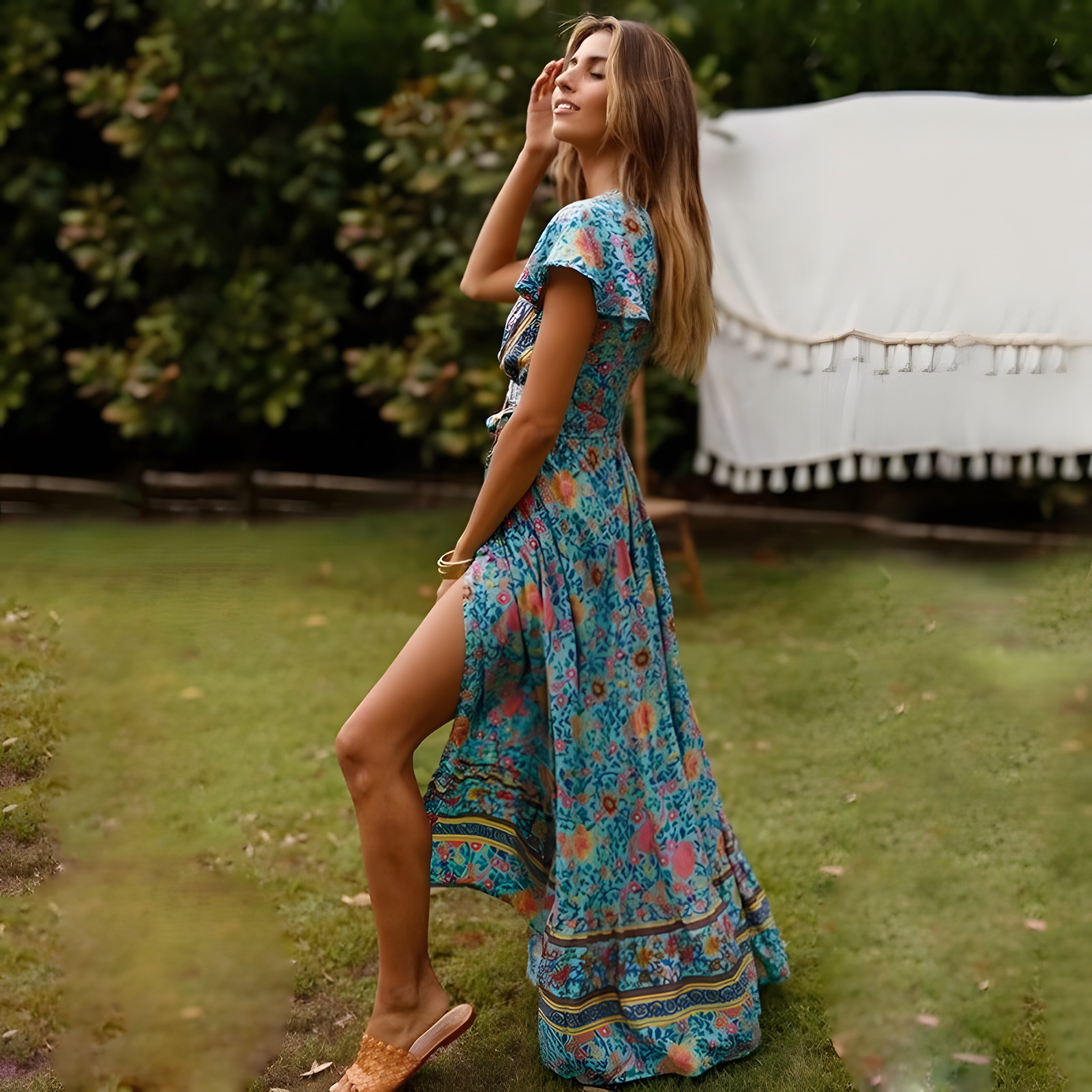 Robe Bohème Longue Fleurie Bleu Turquoise à Fente