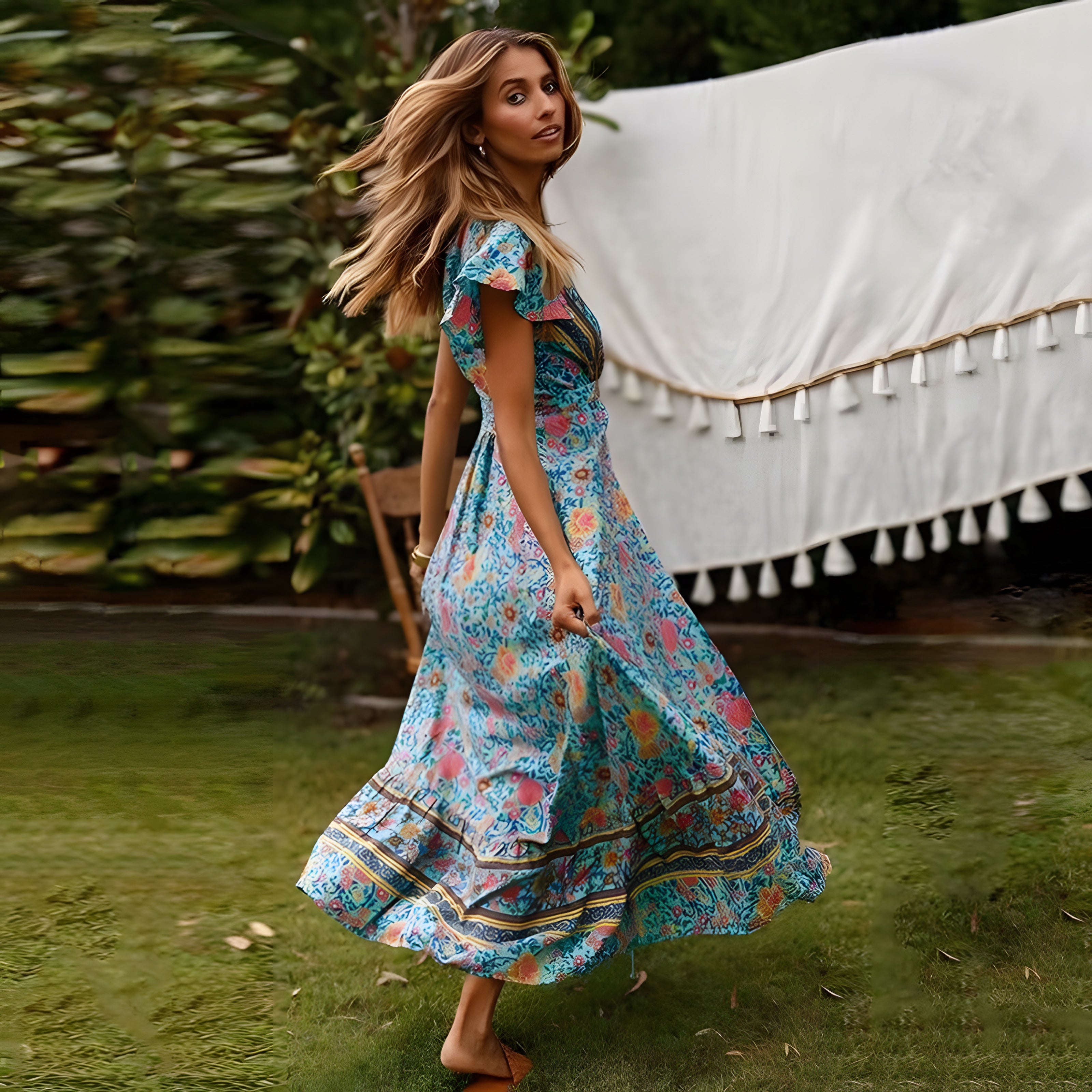 Robe Bohème Longue Fleurie Bleu Turquoise à Fente