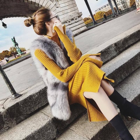 Robe pull jaune boheme chic