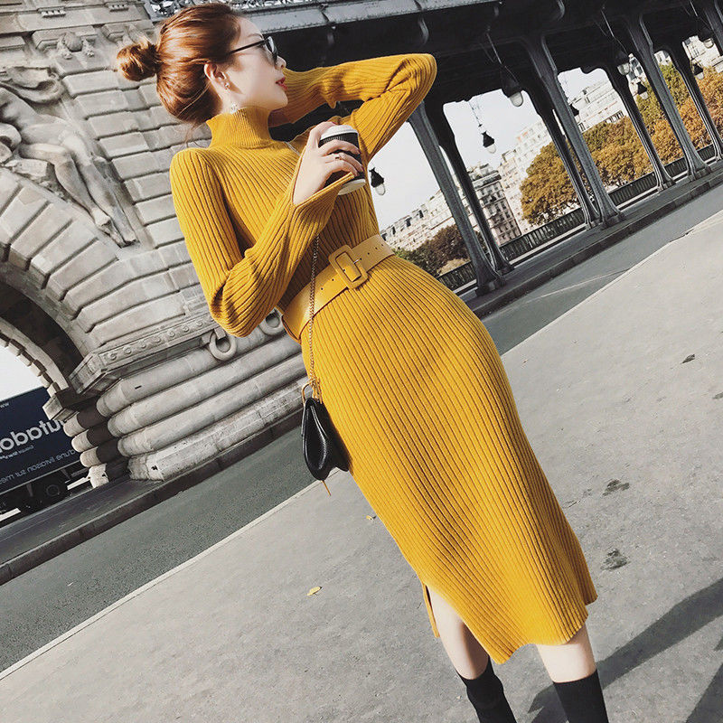 Robe pull jaune boheme chic