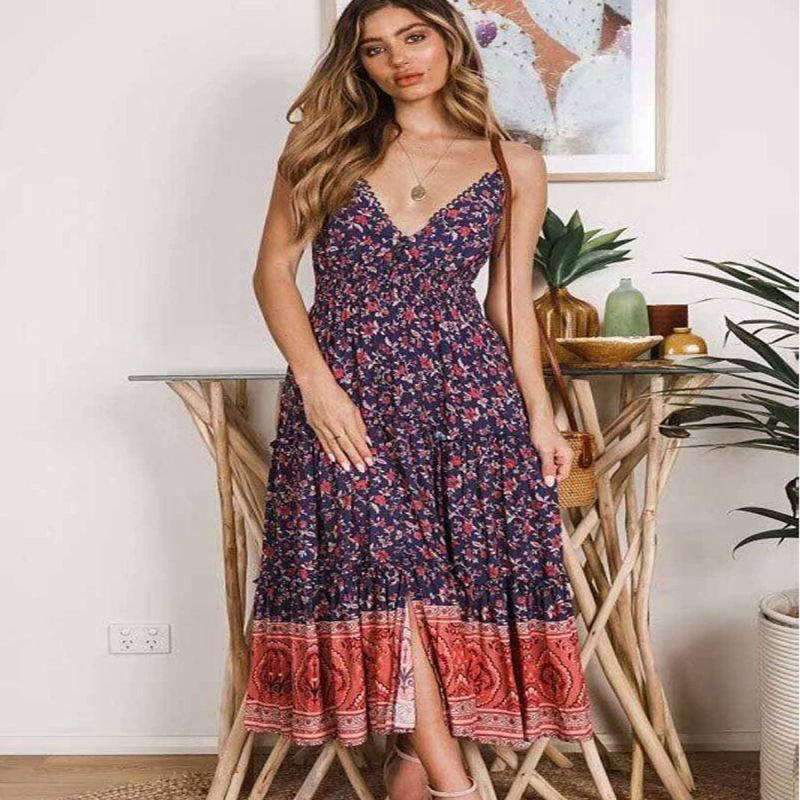 Mode Robe Longue Hippie Chic - Bleu / S