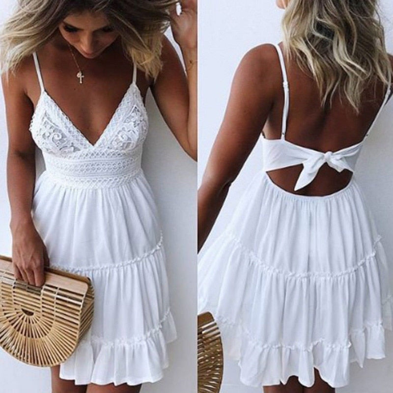 Robe Courte de Plage Blanche Dentelle Boho Bohème Chic